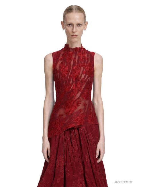 Marc Le Bihan Red Pleated Lace Long Sleeve Top