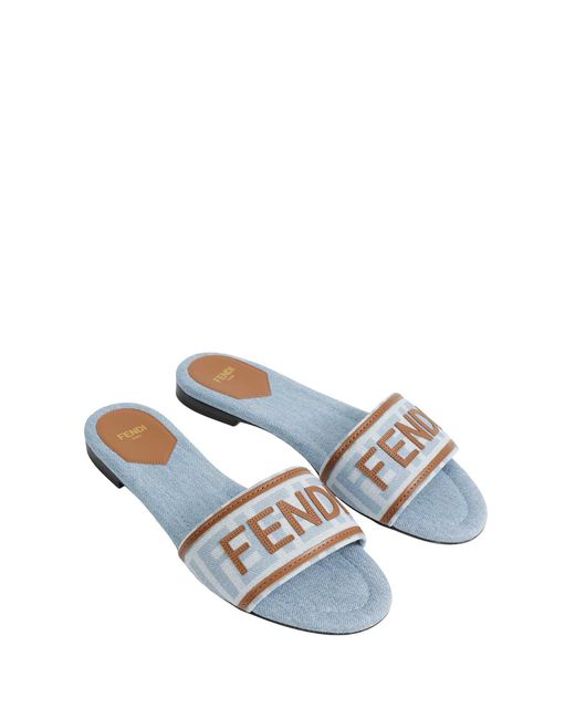Fendi White Ff Nylon Denim And Leather Sllides