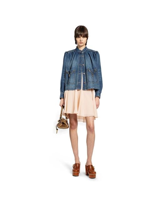 Chloé Blue High Neck Gathered Denim Jacket