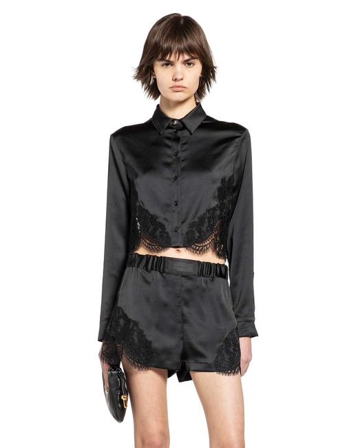 Versace Black Lace-Trim Satin Crop Shirt