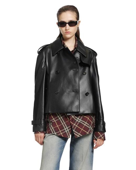 Burberry Black Cropped Leather Mayfair Trench Jacket
