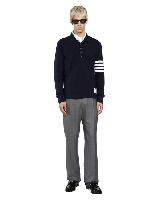 Thom Browne Blue Cotton Piqué 4-Bar Long Sleeve Polo for men