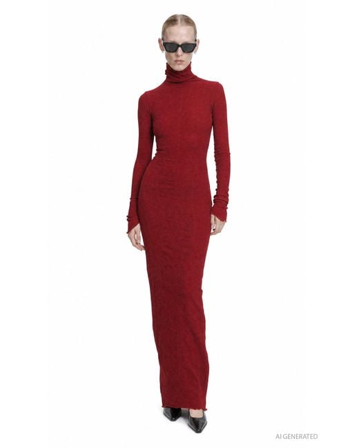 Marc Le Bihan Red Turtleneck Nylon Silk Long Dress