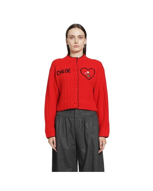 Chloé Red Heart Logo Wool-Cashmere Cardigan