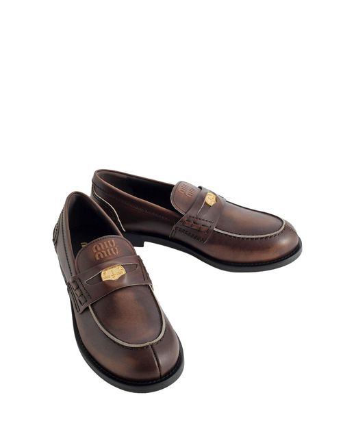 Miu Miu Brown Leather Distressed Penny Loafers