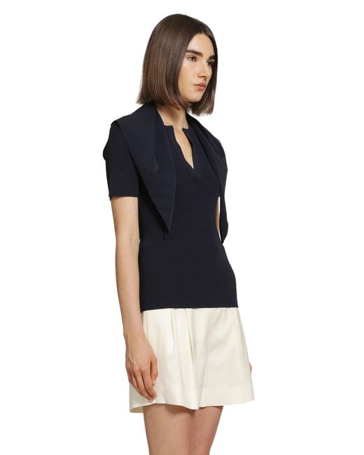Max Mara Blue Tie-Detailed Ribbed-Knit T-Shirt