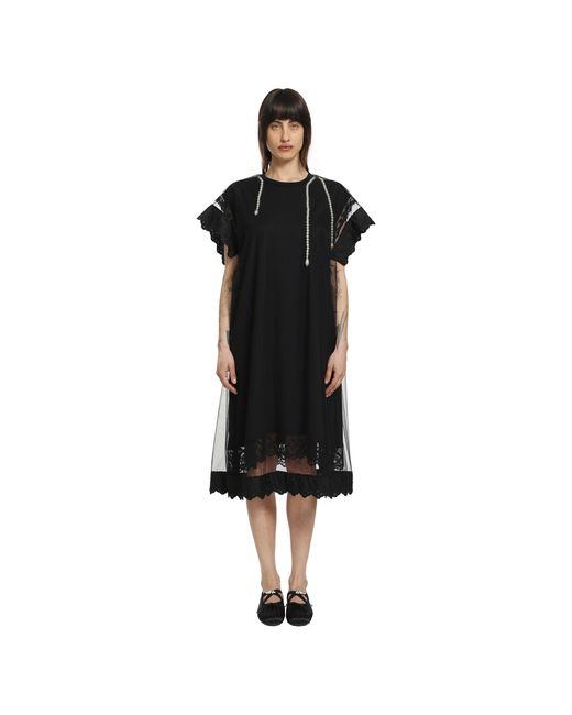 Simone Rocha Black Layered Liquid Lace Trim Smock Dress With Embroidery
