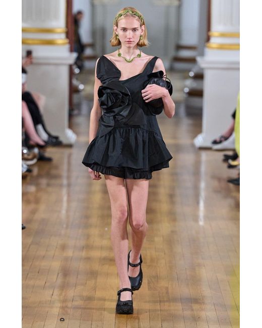 Simone Rocha Black Pressed Rosette Tilted Neck Peplum Top