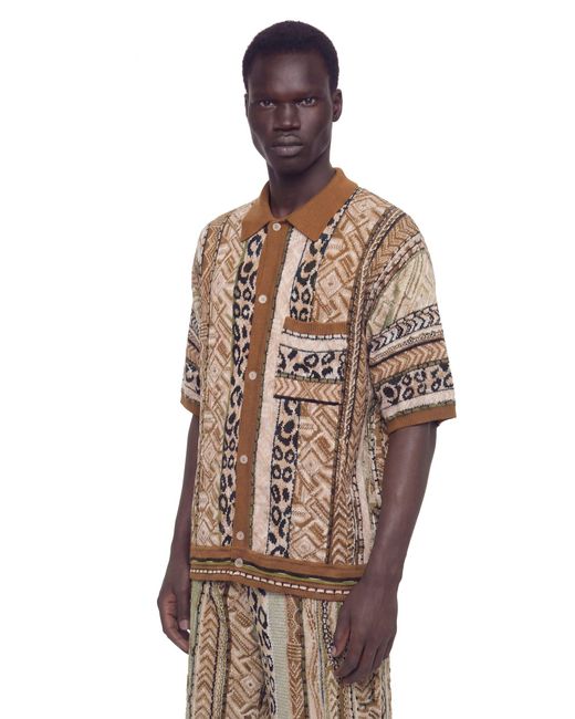 Laneus Brown Graphic Knit Short Sleeve Shirt for men