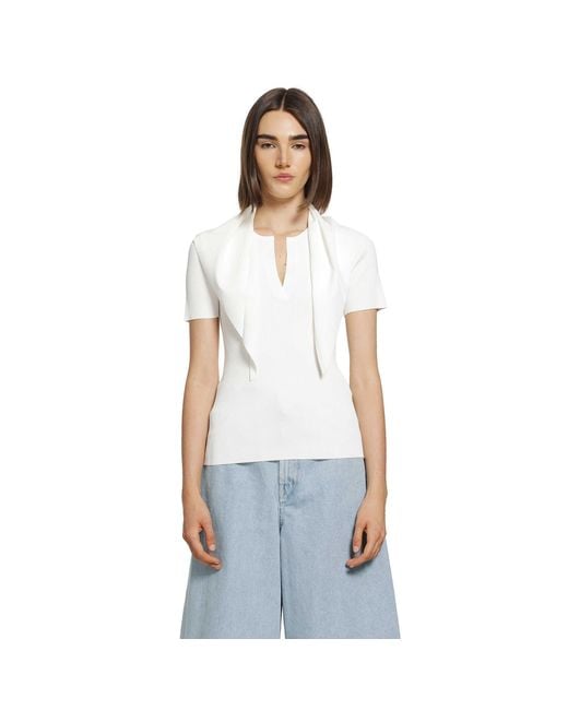 Max Mara White Tie-Detailed Ribbed-Knit T-Shirt