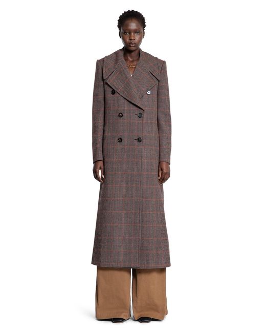 Chloé Brown Long Double-breasted Coat In Check Wool
