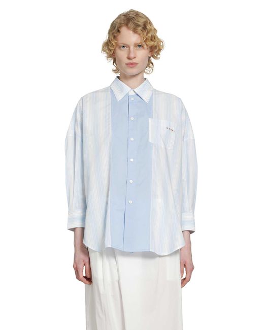 Marni Blue Cotton Poplin Pinstriped Patchwork Shirt