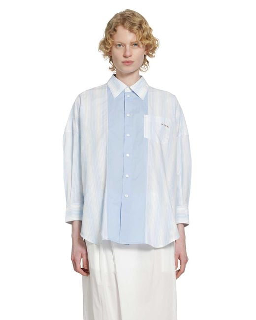 Marni Blue Cotton Poplin Pinstriped Patchwork Shirt