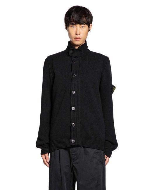 Stone Island Black High Neck Wool Blend Cardigan for men