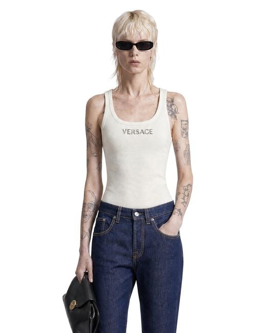 Versace White Embroidered Ribbed Wool Top