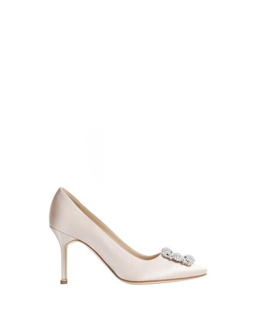 Manolo Blahnik White Hangisi 90 Satin Jewel Buckle Pumps