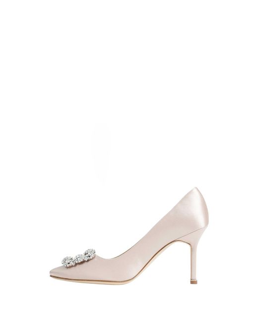 Manolo Blahnik White Hangisi 90 Satin Jewel Buckle Pumps