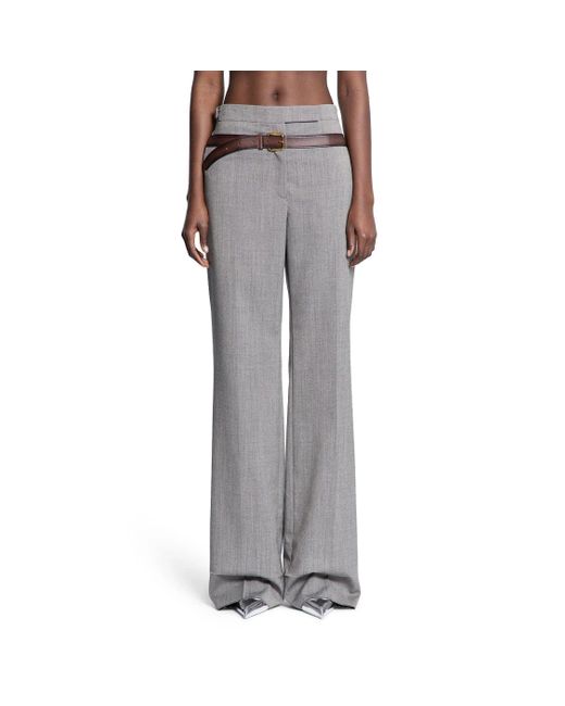 Prada Gray Technical Wool Pants With Printed Belt