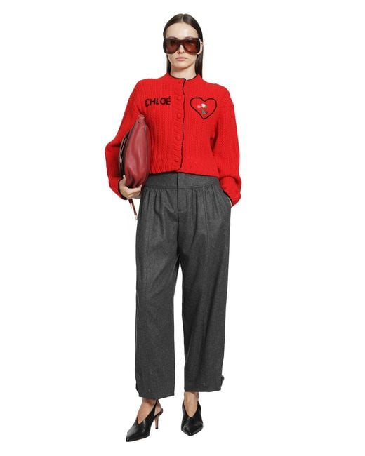 Chloé Red Heart Logo Wool-Cashmere Cardigan