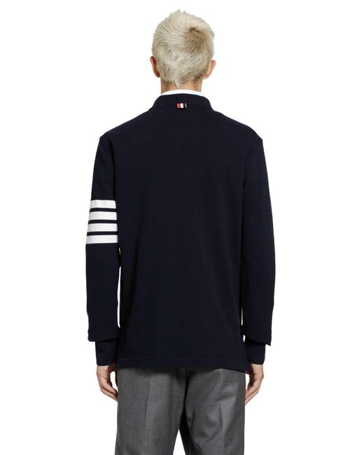 Thom Browne Blue Cotton Piqué 4-Bar Long Sleeve Polo for men
