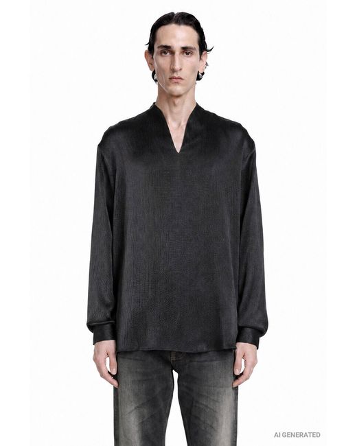 Giorgio Armani Black Hammered Silk Satin Shirt for men