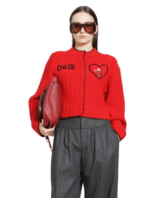 Chloé Red Heart Logo Wool-Cashmere Cardigan
