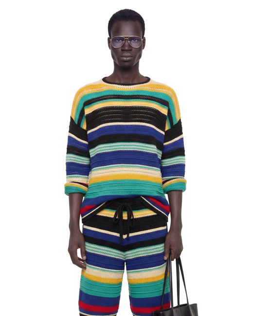 Laneus Multicolor Striped Crochet Knit Sweater for men