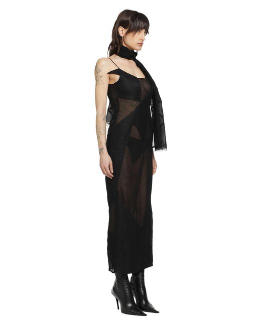 Yehuafan Black Sheer Wool Linen Patchwork Dress
