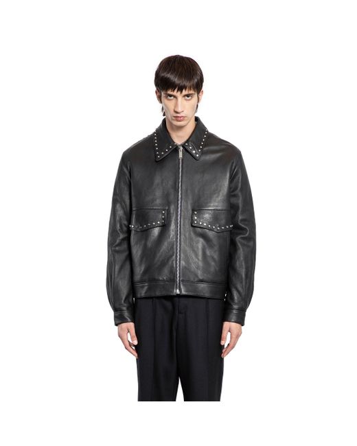 McQueen Black Studded Leather Aviator Jacket for men