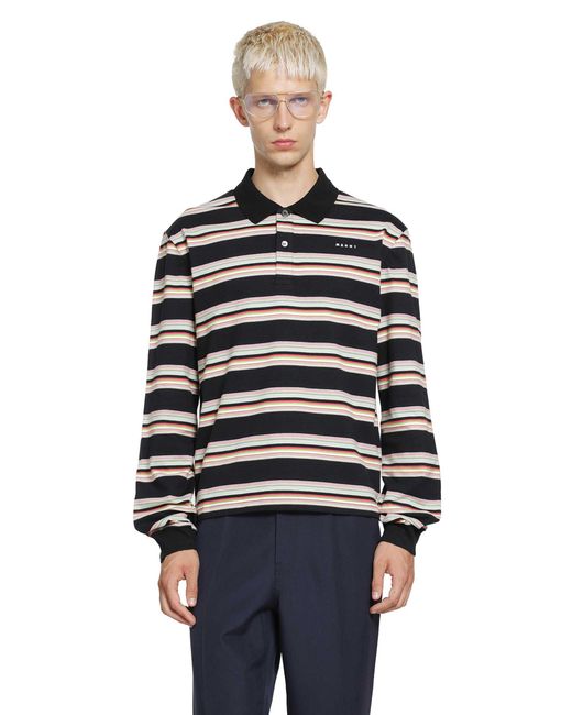 Marni Black Striped Cotton Polo Shirt for men