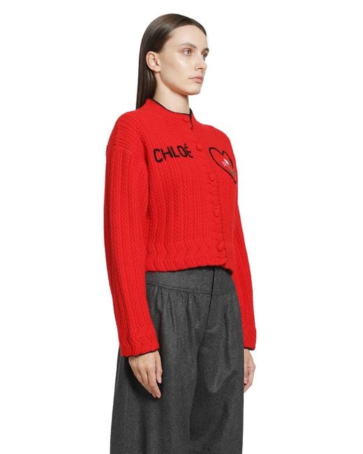 Chloé Red Heart Logo Wool-Cashmere Cardigan