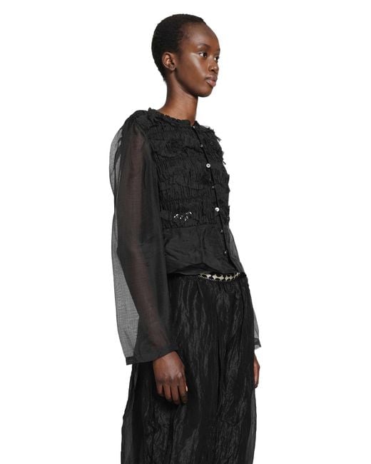 Renli Su Black Shirred Silk Twill And Organza Shirt