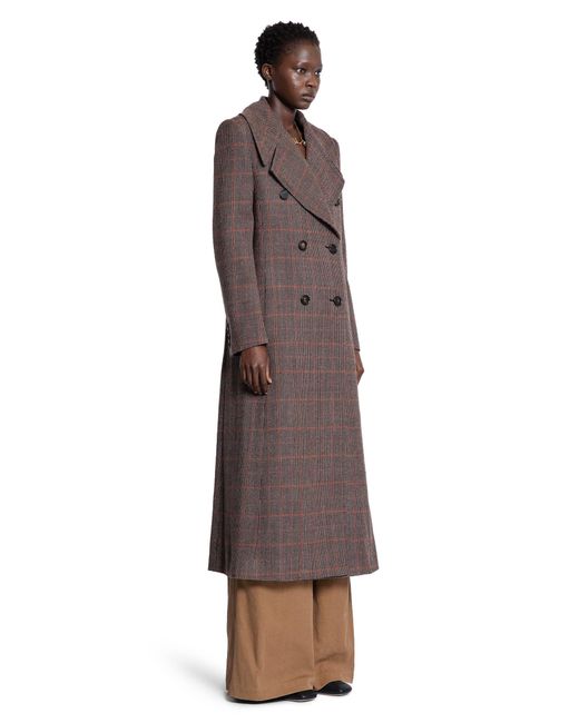 Chloé Brown Long Double-breasted Coat In Check Wool