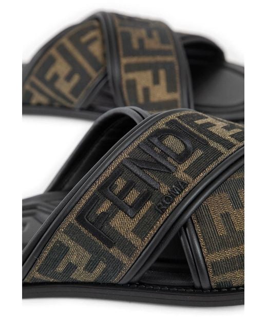Fendi Black Ff Fabric Slides for men