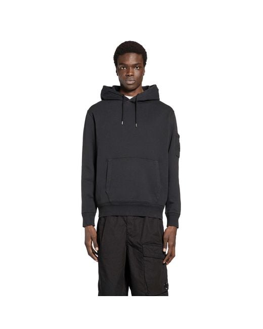 C P Company Black Cotton Diagonal Fleece Lens Hoodie for men