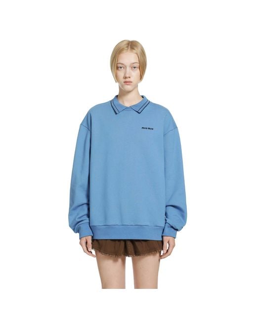 Miu Miu Blue Cotton Fleece Polo Sweatshirt