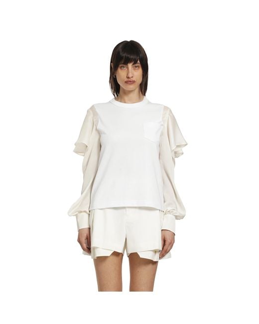 Sacai White Satin X Cotton Jersey T-Shirt