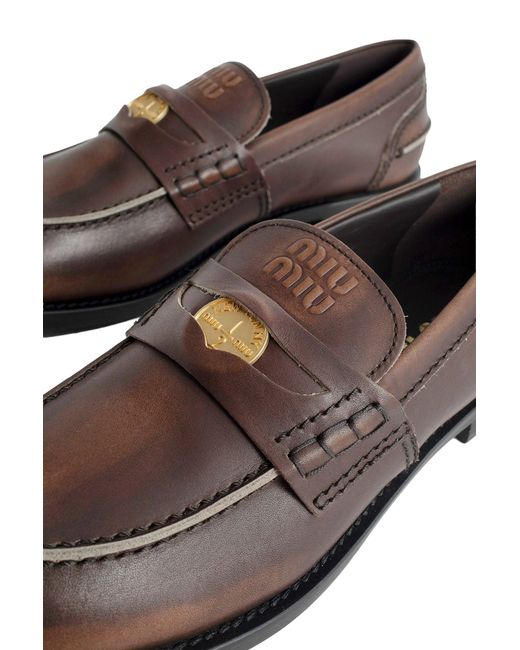 Miu Miu Brown Leather Distressed Penny Loafers