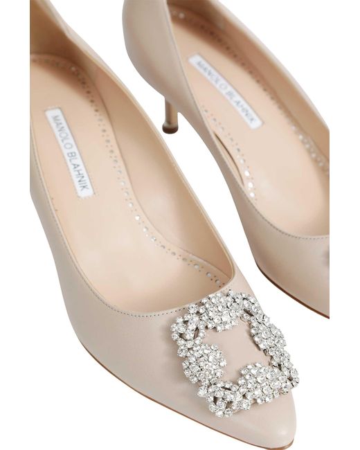 Manolo Blahnik White Hangisi 50 Satin Jewel Buckle Pumps