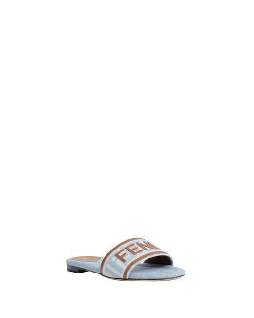 Fendi White Ff Nylon Denim And Leather Sllides