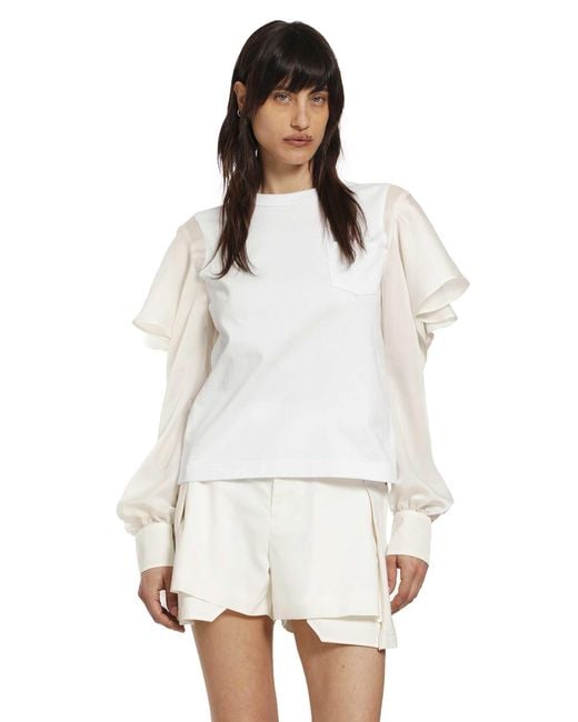 Sacai White Satin X Cotton Jersey T-Shirt