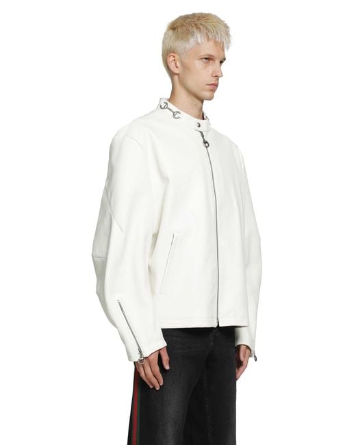 Gucci White Leather Horsebit Biker Jacket for men