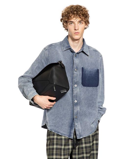 Loewe Blue Cotton Linen Long Sleeve Shirt for men