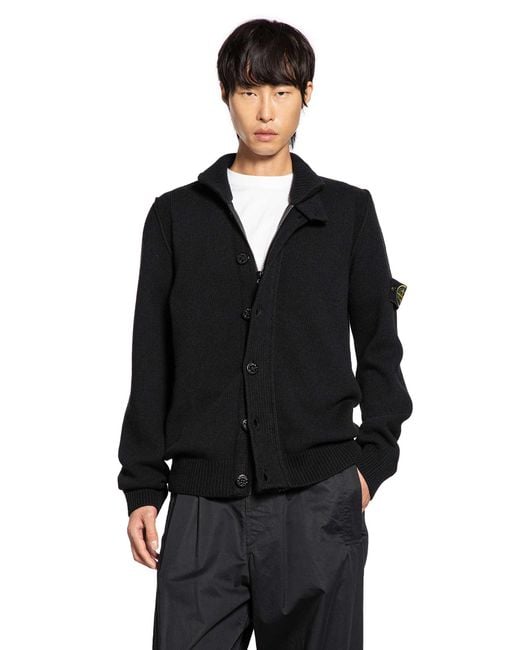 Stone Island Black High Neck Wool Blend Cardigan for men