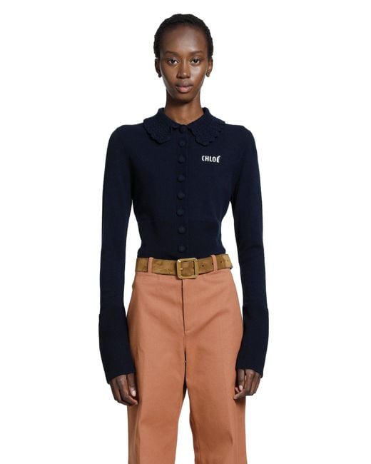 Chloé Blue Logo Embroidered Wool Cardigna