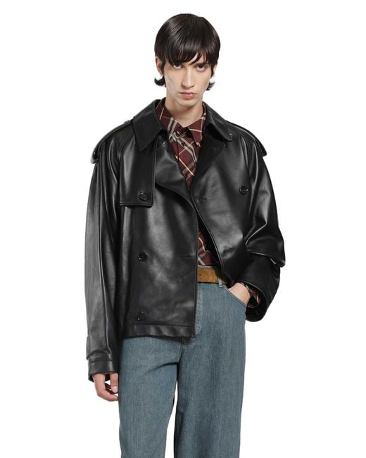 Burberry Black Cropped Leather Leadenham Trench Coat for men