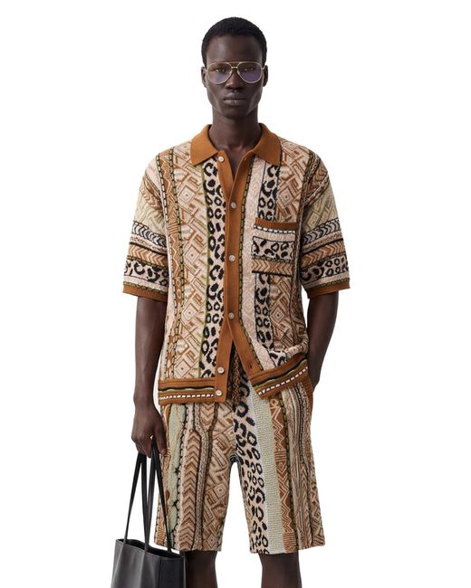 Laneus Brown Graphic Knit Short Sleeve Shirt for men