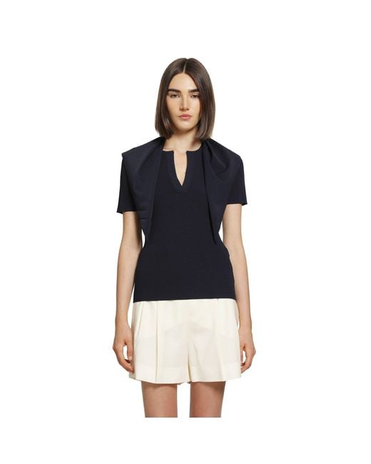 Max Mara Blue Tie-Detailed Ribbed-Knit T-Shirt