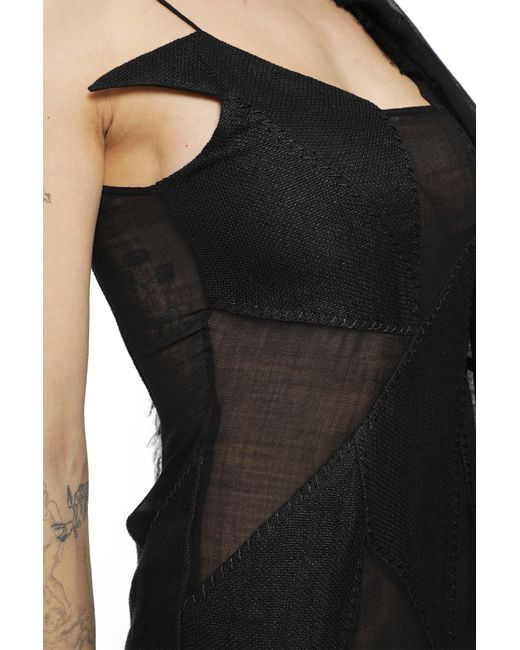 Yehuafan Black Sheer Wool Linen Patchwork Dress