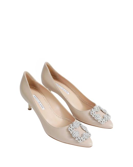 Manolo Blahnik White Hangisi 50 Satin Jewel Buckle Pumps